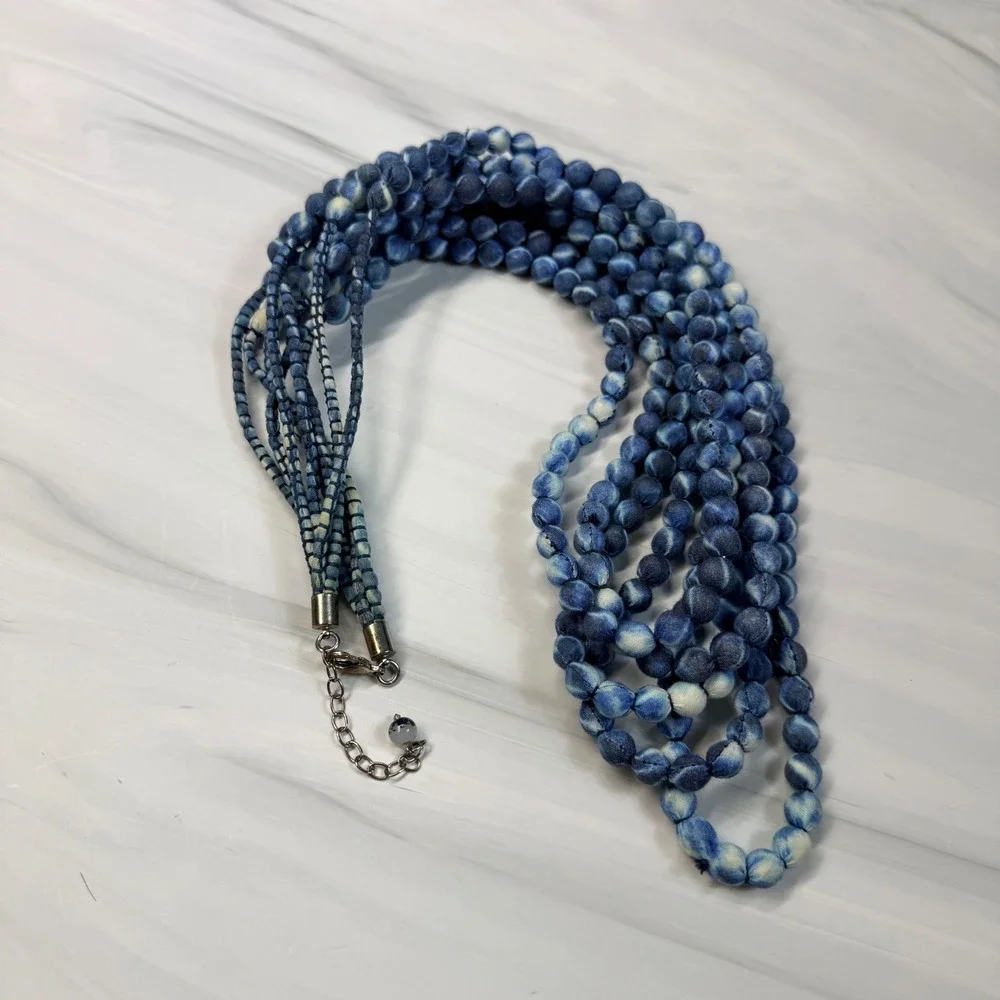 Indigo Blue Tie Dye Cloth Bead Multi Strand Statement Necklace Boho 5 Strand